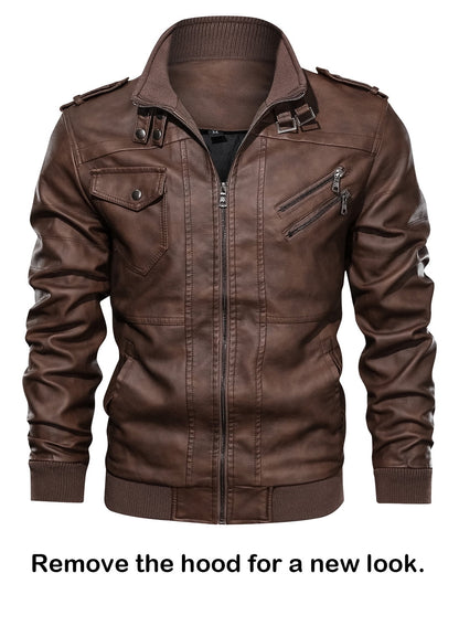 Men'S Pu Faux Leather Jacket with Removable Hood Brown 2XL