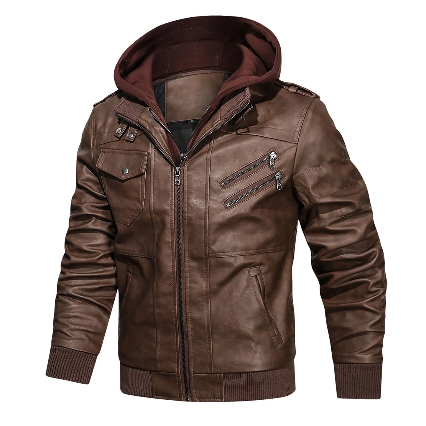 Men'S Pu Faux Leather Jacket with Removable Hood Brown 2XL